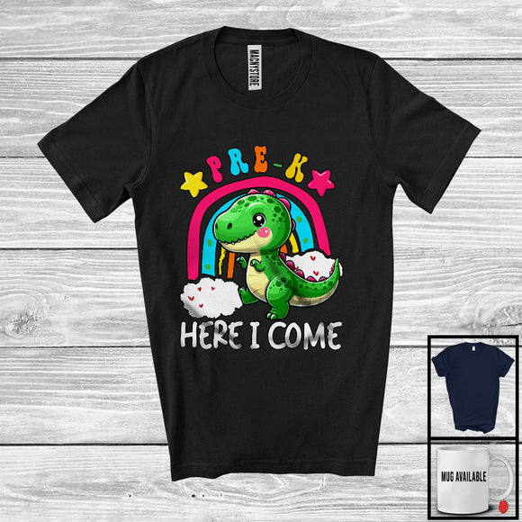 MacnyStore - Pre-K Here I Come; Colorful Back To School T-Rex Rainbow; Girls Students Group T-Shirt