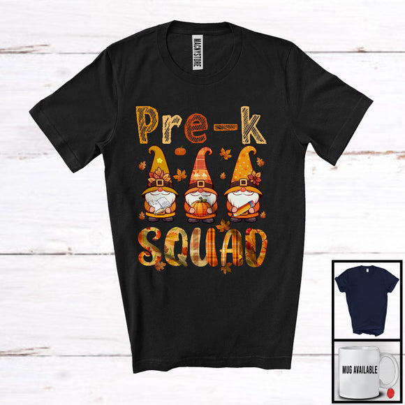 MacnyStore - Pre-K Squad; Lovely Thanksgiving Plaid Three Gnomes Gnomies; Fall Leaves Teacher Group T-Shirt