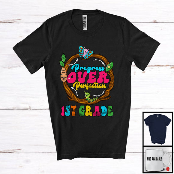 MacnyStore - Progress Over Perfection 1st Grade, Lovely Back To School Caterpillar Life Cycle, Students T-Shirt