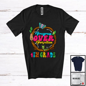 MacnyStore - Progress Over Perfection 4th Grade, Lovely Back To School Caterpillar Life Cycle, Students T-Shirt