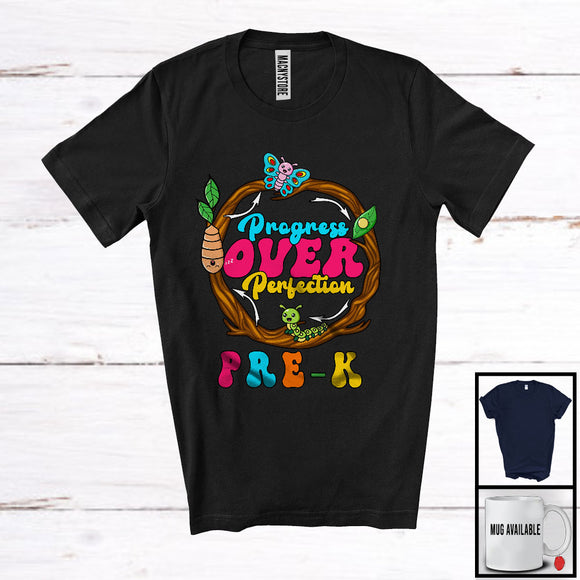 MacnyStore - Progress Over Perfection Pre-K, Lovely Back To School Caterpillar Life Cycle, Teacher Students T-Shirt