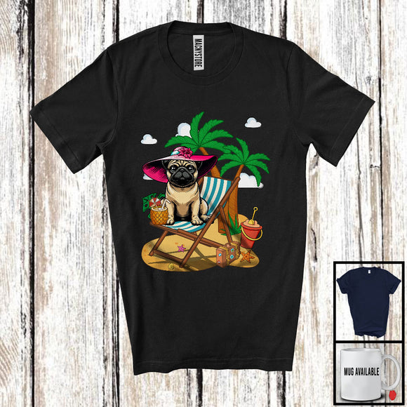 MacnyStore - Pug On Beach, Adorable Summer Vacation Palm Tree, Travel Trip Family Group T-Shirt