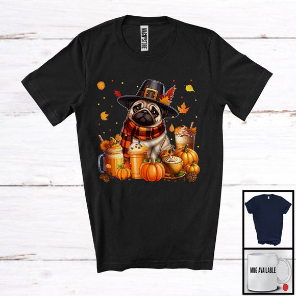 MacnyStore - Pug With Coffee Smoothie, Wonderful Thanksgiving Pumpkins Drinks Fall Leaves T-Shirt