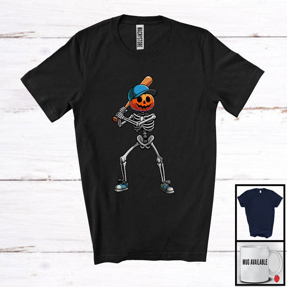 MacnyStore - Pumpkin Skeleton Playing Baseball; Amazing Halloween Costume Pumpkin Player; Sport Team T-Shirt