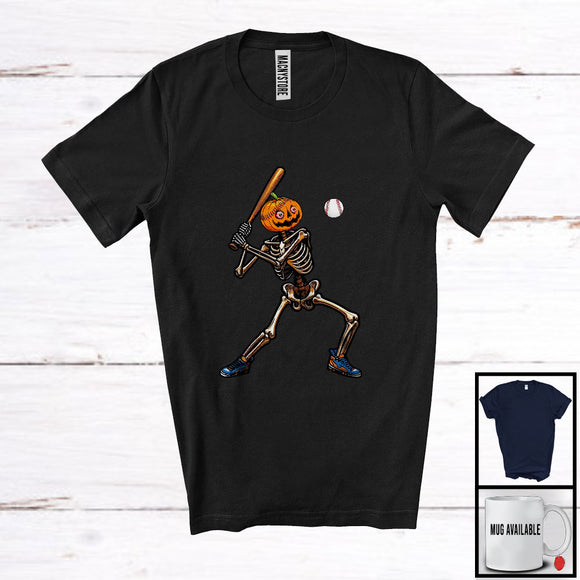 MacnyStore - Pumpkin Skeleton Playing Baseball; Creepy Halloween Costume Sport Player Team; Family Group T-Shirt