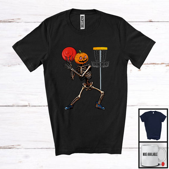 MacnyStore - Pumpkin Skeleton Playing Disc Golf; Creepy Halloween Costume Sport Player Team; Family Group T-Shirt