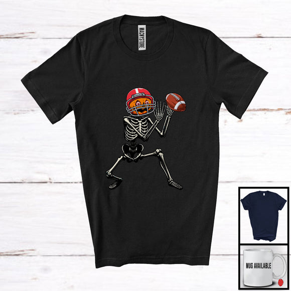 MacnyStore - Pumpkin Skeleton Playing Football; Creepy Halloween Costume Sport Player Team; Family Group T-Shirt