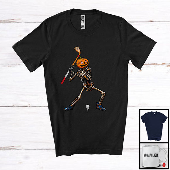 MacnyStore - Pumpkin Skeleton Playing Golf; Creepy Halloween Costume Sport Player Team; Family Group T-Shirt