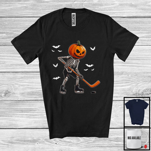 MacnyStore - Pumpkin Skeleton Playing Hockey, Scary Halloween Hockey Player Playing Lover, Sport Team T-Shirt