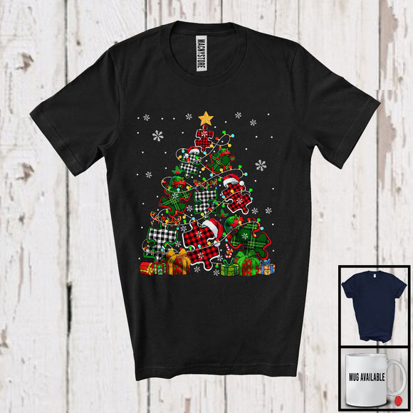 MacnyStore - Puzzle Pieces Christmas Tree; Amazing X-mas Lights Plaid Autism Awareness; Snowing Family T-Shirt