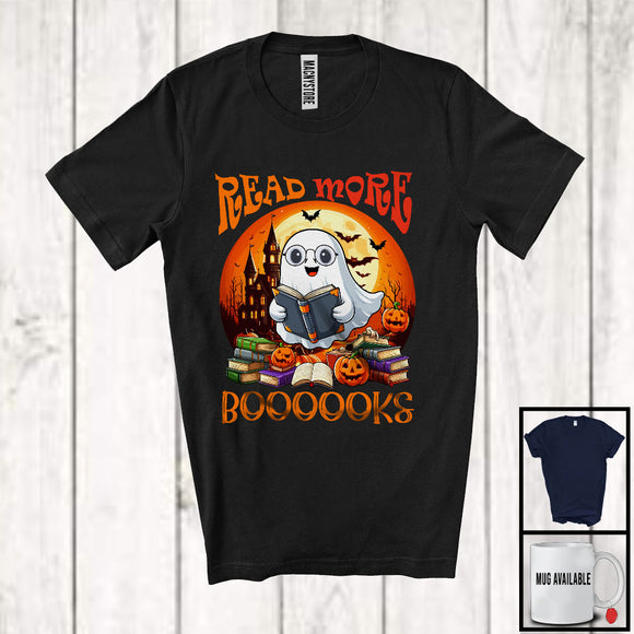 MacnyStore - Read More Books; Lovely Halloween Moon Boo Ghost Reading Book Lover; Librarian Teacher T-Shirt