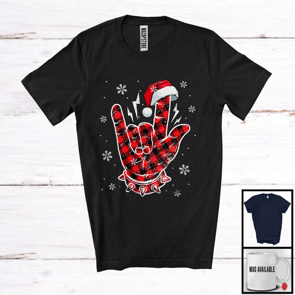 MacnyStore - Red Plaid Santa Rock Hand Sign; Joyful Christmas ASL Sign Language; X-mas Music Family Group T-Shirt