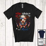 MacnyStore - Red White And Moo, Humorous 4th Of July American Flag Cow, Fireworks Patriotic Farmer T-Shirt