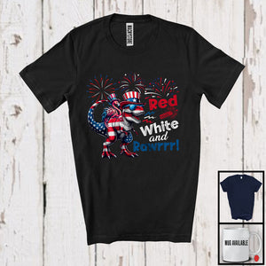 MacnyStore - Red White And Rawrrr, Humorous 4th Of July Flamingo Riding T-Rex Dinosaur, Patriotic Fireworks T-Shirt