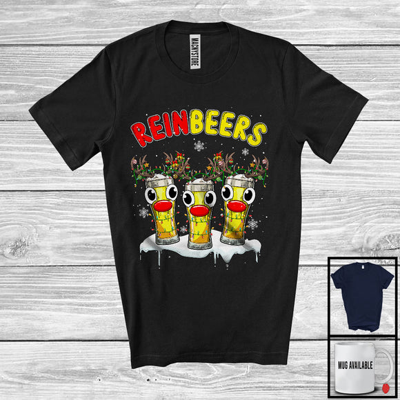 MacnyStore - Reinbeers; Humorous Christmas Three Beer Glasses Reindeer Snowing; Drinking Drunker Group T-Shirt