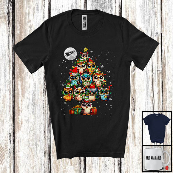 MacnyStore - Reindeer Elf Owl Christmas Tree Lights; Adorable X-mas Owl Animal Snowing; Family Group T-Shirt