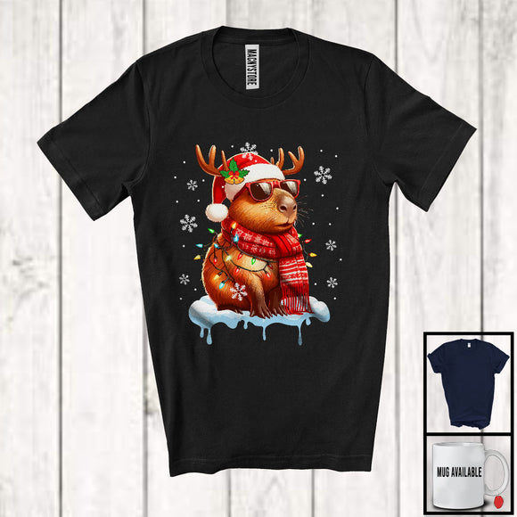 MacnyStore - Reindeer Santa Capybara Sunglasses Christmas Lights; Lovely X-mas Snowing; Capybara Lover T-Shirt