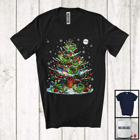 MacnyStore - Reindeer Santa Elf Alligator Christmas On Tree; Joyful Christmas Lights Alligator; Animal Lover T-Shirt