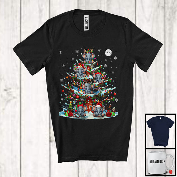 MacnyStore - Reindeer Santa Elf Elephant Christmas On Tree; Joyful Christmas Lights Elephant; Animal Lover T-Shirt