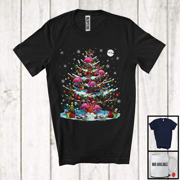 MacnyStore - Reindeer Santa Elf Flamingo Christmas On Tree; Joyful Christmas Lights Flamingo; Animal Lover T-Shirt