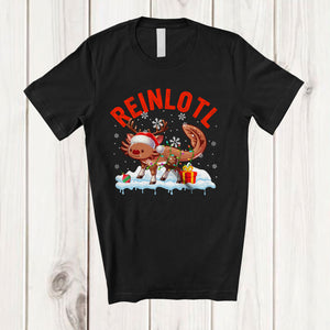 MacnyStore - Reinlotl; Humorous Christmas Lights Santa Reindeer Axolotl; Snowing X-mas Family Group T-Shirt