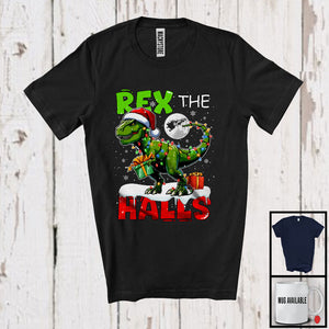 MacnyStore - Rex The Halls; Fantastic Christmas Lights Plaid Santa T-Rex Dinosaur; X-mas Moon Snow T-Shirt