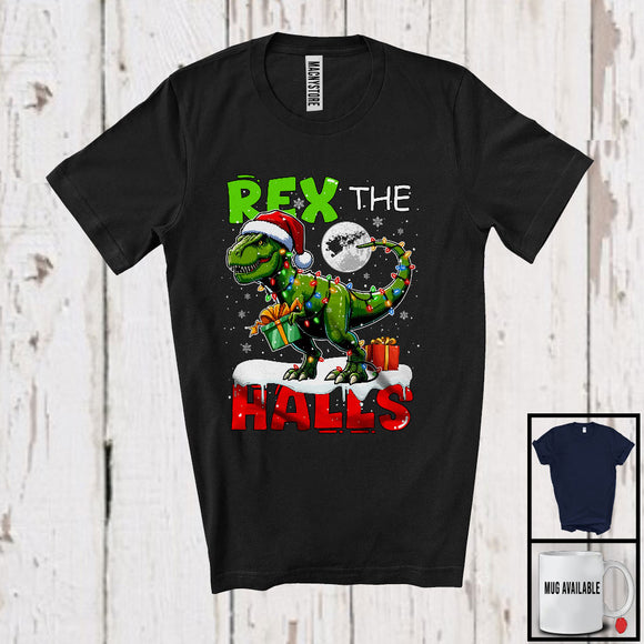 MacnyStore - Rex The Halls; Fantastic Christmas Lights Plaid Santa T-Rex Dinosaur; X-mas Moon Snow T-Shirt