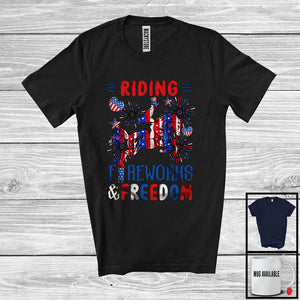 MacnyStore - Riding Fireworks And Freedom, Proud 4th Of July American Flag Riding Lover, Patriotic T-Shirt