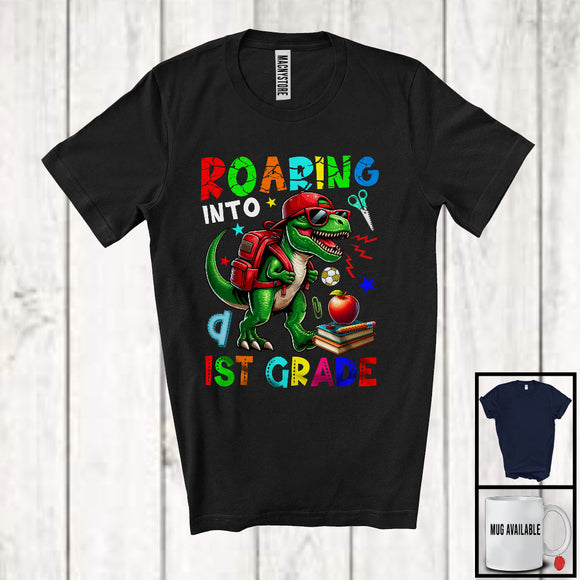 MacnyStore - Roaring Into 1st Grade, Humorous First Day Of School Dinosaur T-Rex Sunglasses, Student Teacher T-Shirt