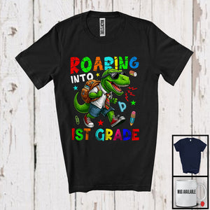 MacnyStore - Roaring Into 1st Grade, Humorous First Day Of School T-Rex Dinosaur Lover, Students Group T-Shirt