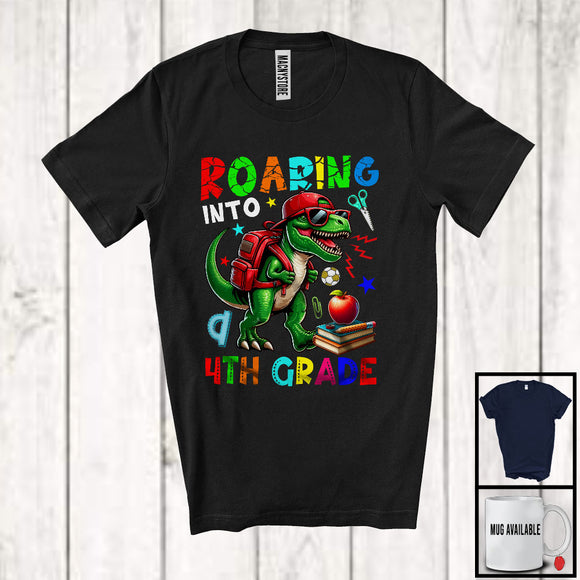 MacnyStore - Roaring Into 4th Grade, Humorous First Day Of School Dinosaur T-Rex Sunglasses, Student Teacher T-Shirt