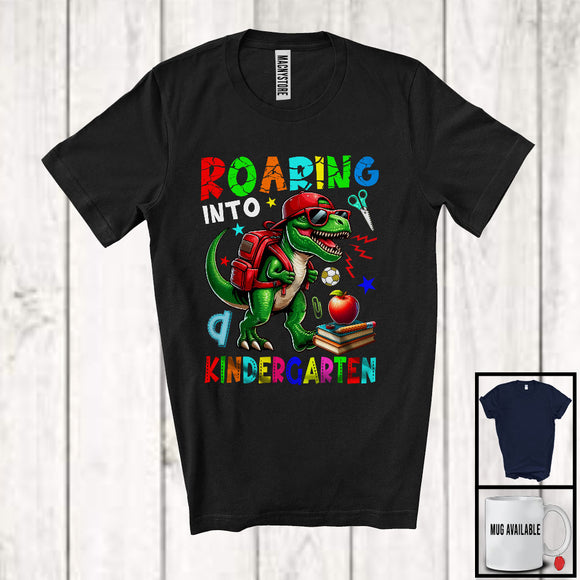 MacnyStore - Roaring Into Kindergarten, Humorous First Day Of School Dinosaur T-Rex Sunglasses, Student Teacher T-Shirt