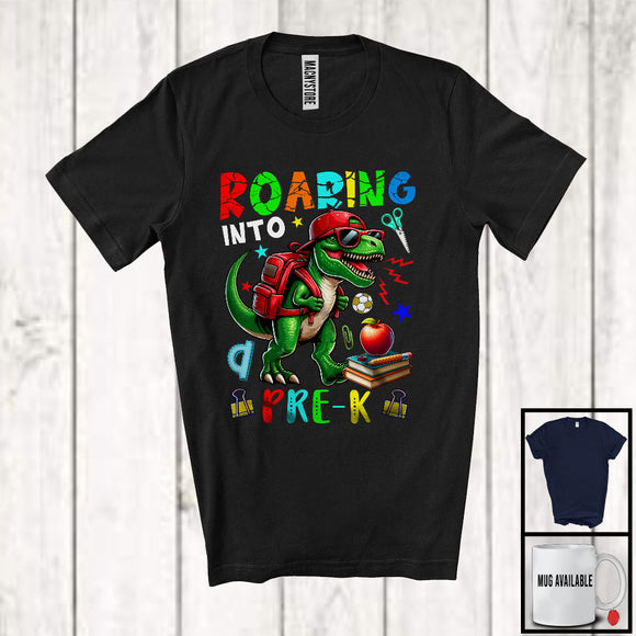 MacnyStore - Roaring Into Pre-K, Humorous First Day Of School Dinosaur T-Rex Sunglasses, Student Teacher T-Shirt