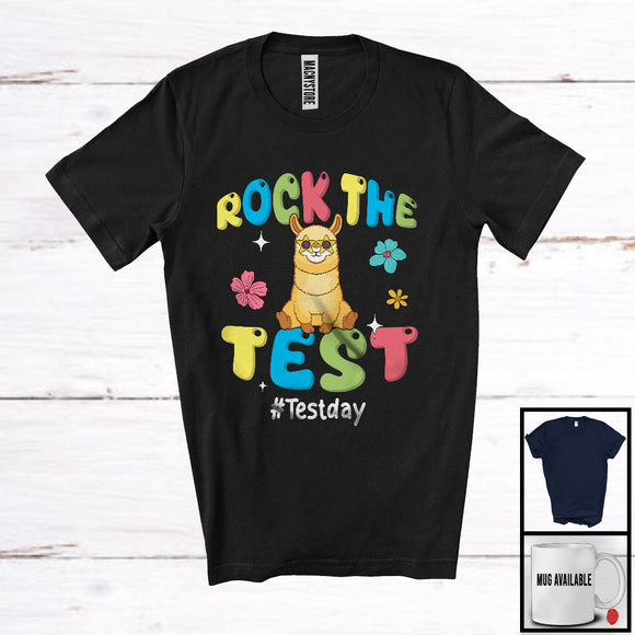 MacnyStore - Rock The Test, Humorous Testing Day Test Day Llama, Matching Teacher Student Group T-Shirt