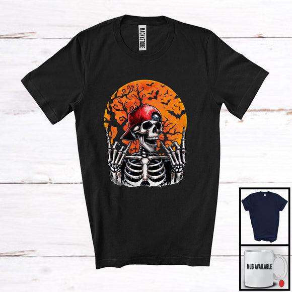 MacnyStore - Rocker Rock Skeleton; Horror Halloween Costume Skeleton Wearing Cap; Scary Moon Music Lover T-Shirt