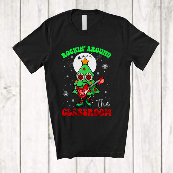 MacnyStore - Rockin' Around The Classroom; Fantastic Christmas Moon X-mas Tree Playing Guitar; Teacher T-Shirt