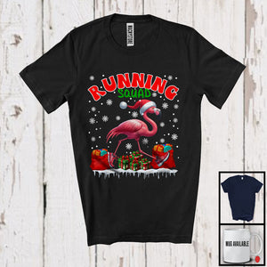 MacnyStore - Running Squad, Joyful Christmas Snow Santa Flamingo Running, Marathon Runner Group T-Shirt