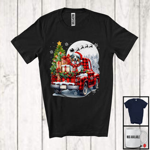 MacnyStore - Santa Australian Shepherd On Red Plaid Pickup Truck; Lovely Christmas Lights Tree; X-mas Moon T-Shirt