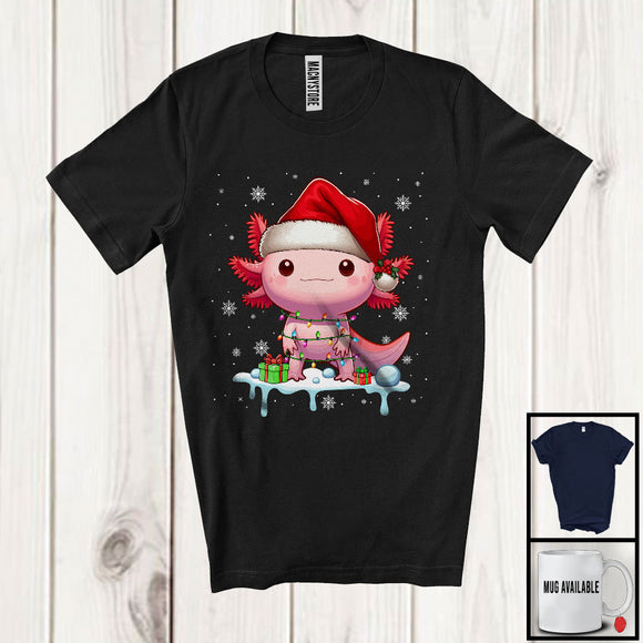 MacnyStore - Santa Axolotl Snowing Around; Adorable Christmas Lights Axolotl; Pajama Family X-mas Group T-Shirt