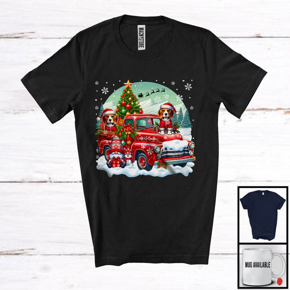 MacnyStore - Santa Beagle On Pickup Truck; Joyful Christmas Moon Gnome Gnomies; Winter Snowing T-Shirt