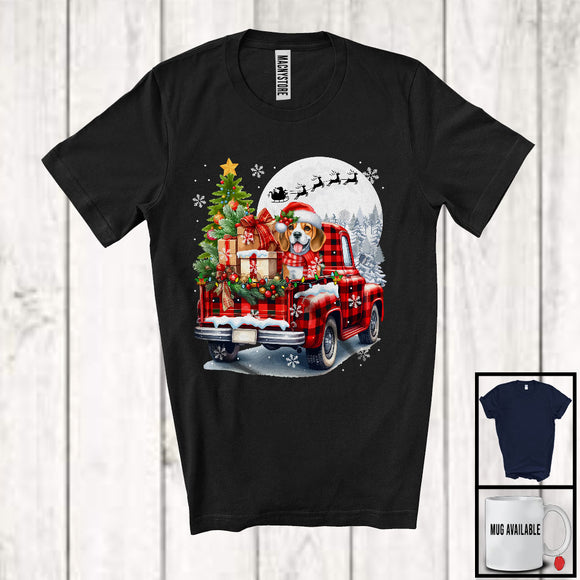 MacnyStore - Santa Beagle On Red Plaid Pickup Truck; Lovely Christmas Lights Tree; X-mas Moon Family T-Shirt