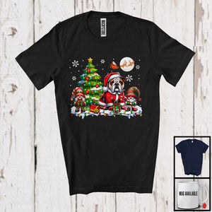 MacnyStore - Santa Bulldog With Gnome X-mas Tree, Merry Christmas Lights, Snowing Family Group T-Shirt
