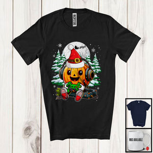 MacnyStore - Santa Carved Pumpkin Wearing Headset Gaming; Joyful Christmas Tree Video Game; Gamer T-Shirt