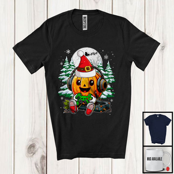 MacnyStore - Santa Carved Pumpkin Wearing Headset Gaming; Joyful Christmas Tree Video Game; Gamer T-Shirt