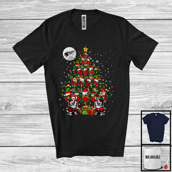 MacnyStore - Santa Corgi And Wine Glasses Christmas Tree; Cheerful X-mas Drinking Drunker; Family T-Shirt