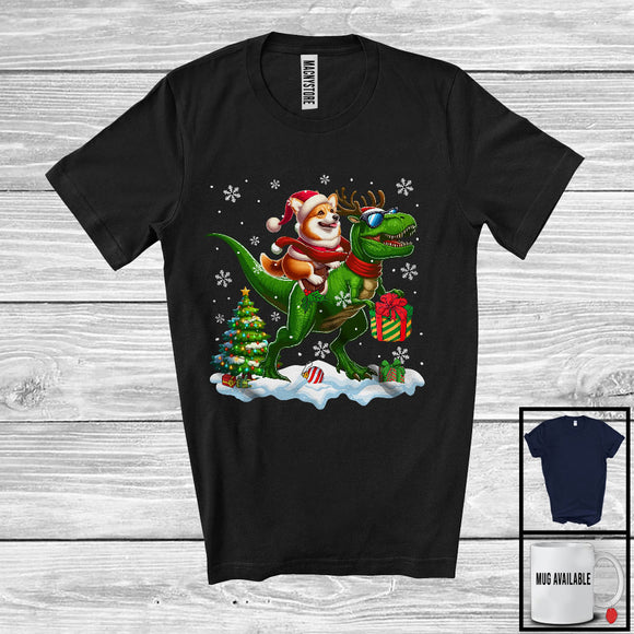 MacnyStore - Santa Corgi Riding Reindeer T-Rex; Awesome Christmas Tree Dinosaur Lover; Snowing T-Shirt