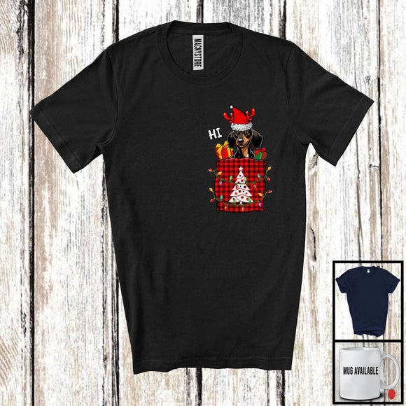 MacnyStore - Santa Dachshund In Christmas Plaid Pocket; Fantastic X-mas Lights Dog; Family Group T-Shirt