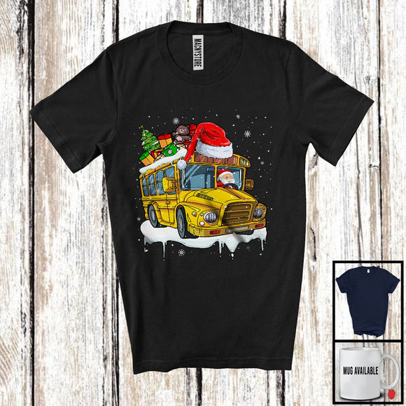 MacnyStore - Santa Driving School Bus With X-mas Tree, Joyful Christmas Santa Snow Matching Group T-Shirt