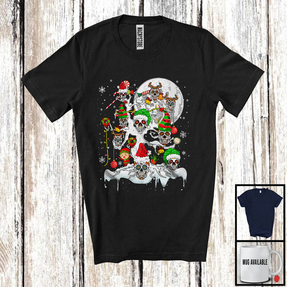 MacnyStore - Santa ELF Sugar Skull On X-mas Tree, Amazing Christmas Moon Snowing, Family Group T-Shirt