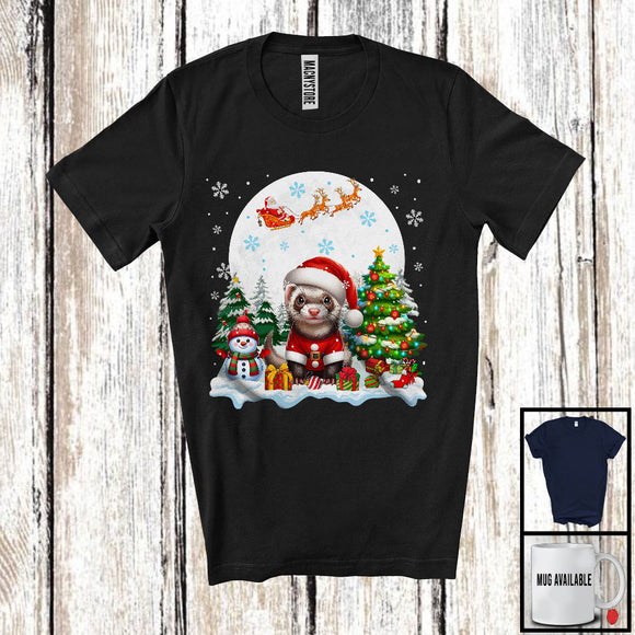 MacnyStore - Santa Ferret With X-mas Tree Snowman, Adorable Christmas Santa Wild Animal, Family Group T-Shirt